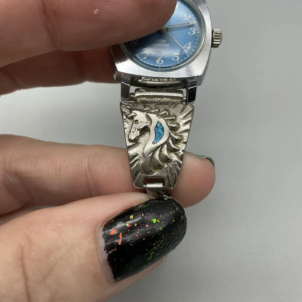 Vtg Caravelle Womens Watch 23mm Sterling Native American Signed Turquoise Manual